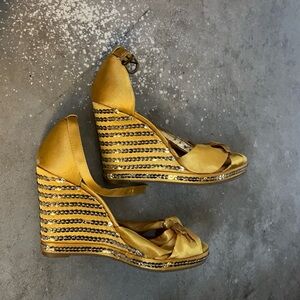 BCBGirls Gold Satin Heels with Bow Detail